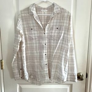 3/$15 Eliot 100% Cotton Windowpane Grid Button Down Blouse in White/Grey